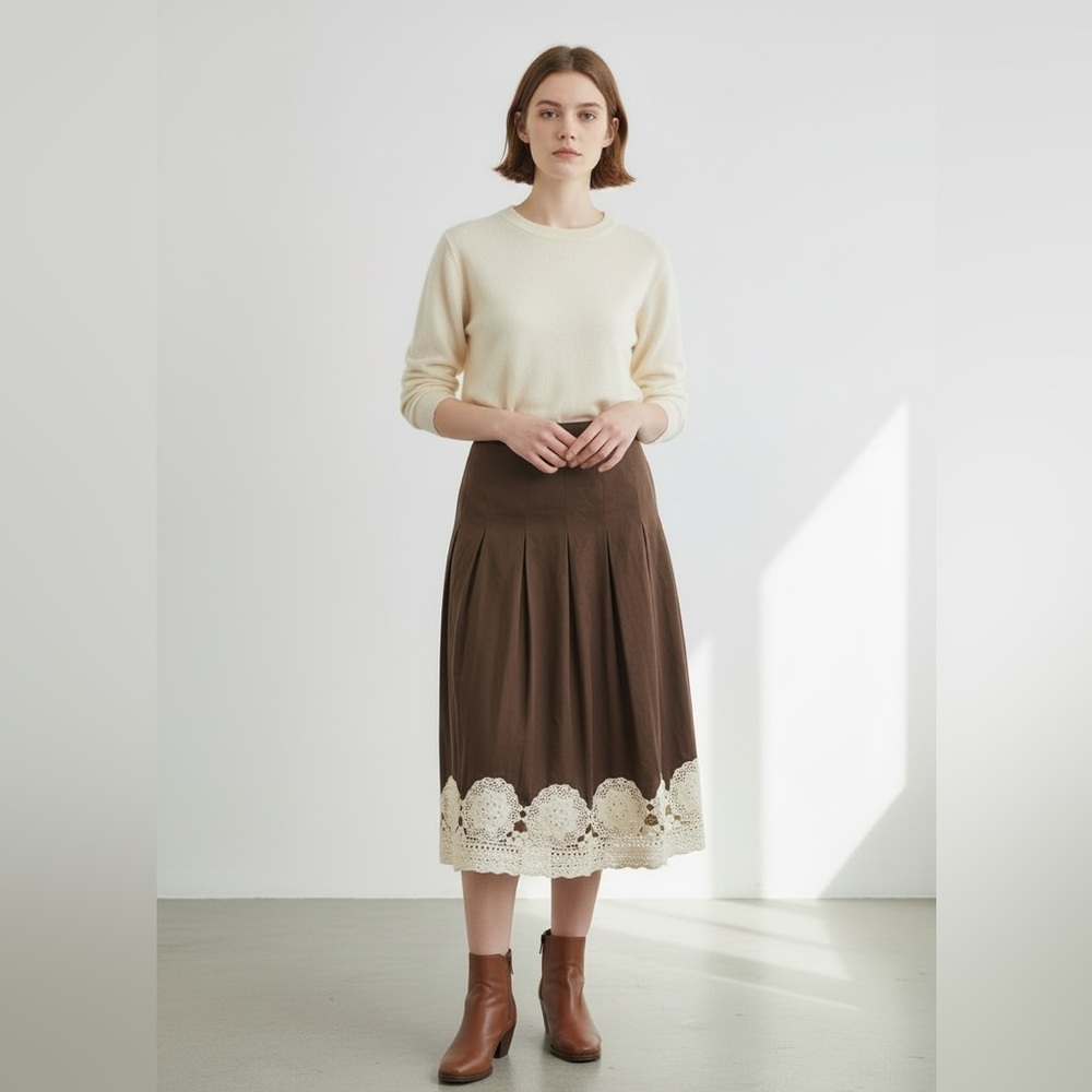 VTG Brown Skirt Crochet Midi Medium CottageCore Twee Demure Fairy Shabby Chic‎